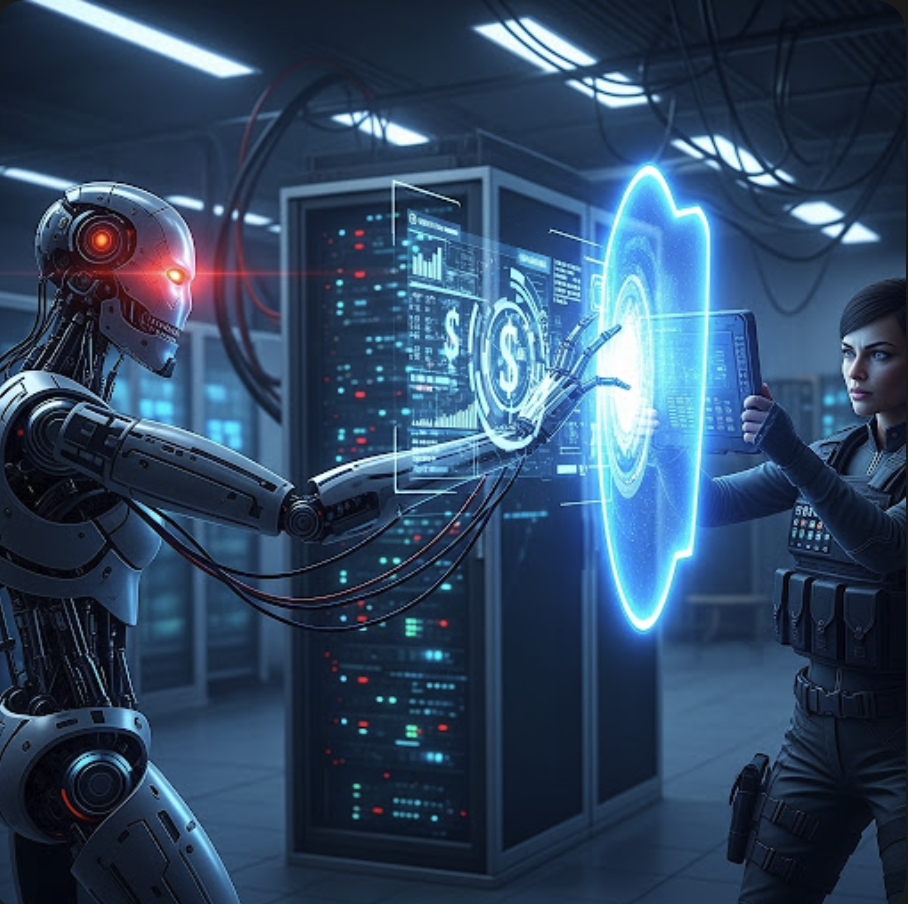 An AI criminal attempts to commit financial fraud but is stopped by a human using deepfake detector technology.