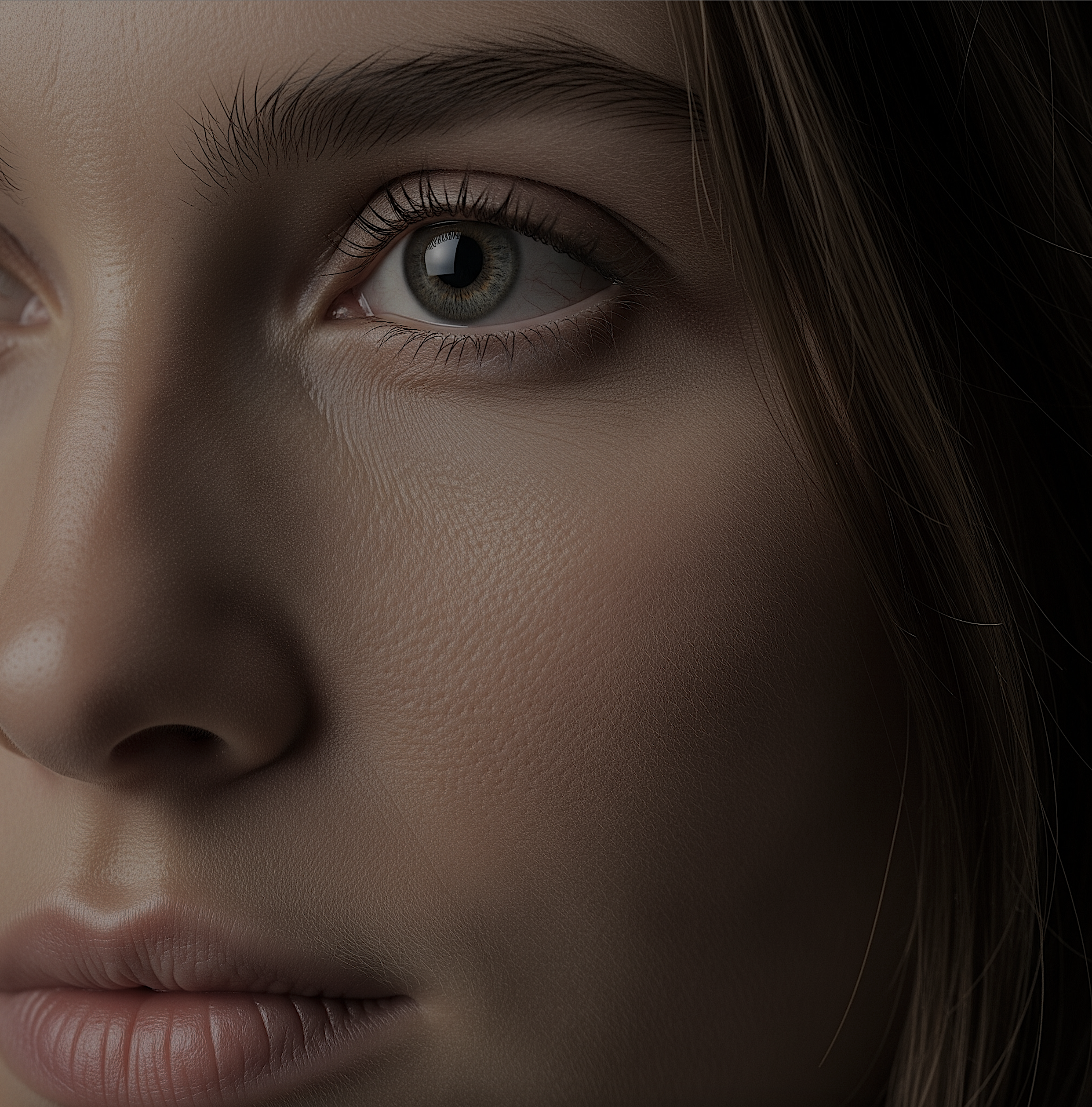 An AI image of a young woman with green eyes generated by Gemini Pro
